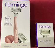 Flamingo 5 Blade Razor Rose Handle/2 Cartridges One Box Of 4 Extra Cartridges