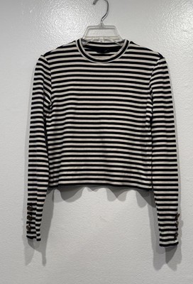 Massimo Dutti Striped Long Sleeve Shirt Gold Buttons Womana Size XS Cream Navy