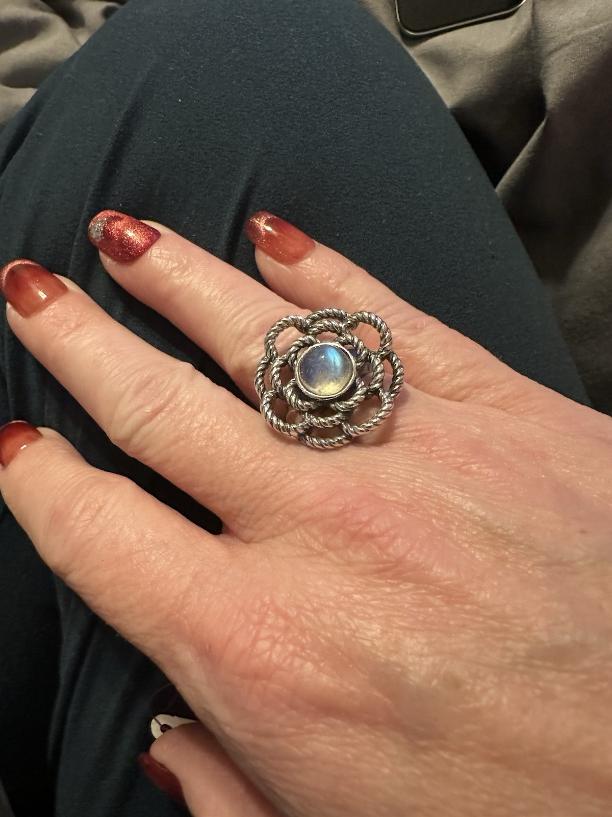 Moonstone Statement Ring Sterling silver Rope Flo… - image 4