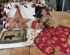 7 Primitive Christmas decor lot Stockings Snowman Rag Garland Santa Star Bear