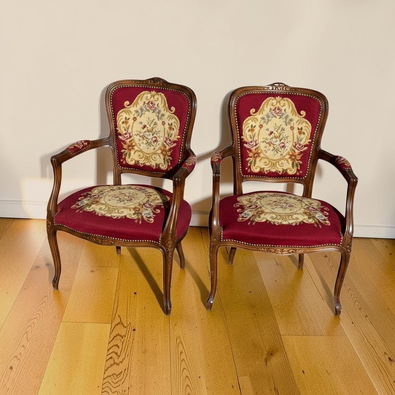 Pair of French Louis XV Burgundy Needlepoint Tapestry Bergere Walnut Armchair
