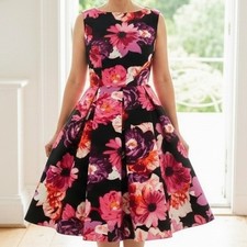 Eliza J Black Floral Fit Flare Midi Dress Women Size 8 Pink Purple Orange Zipper