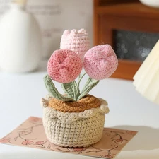 Crochet Tulips Potted Plants Three Tulips in One Knitted Flower Desk Decor