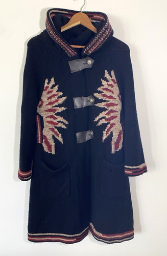 Women's Knit Wool Long Hooded Sweater Coat 'CC' Chanel Metal Buttons Sz 38, US M