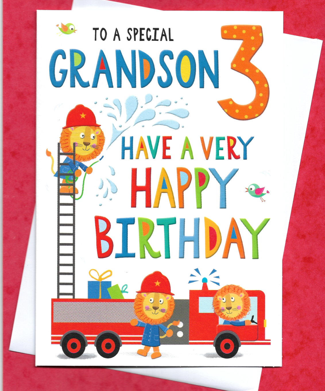 Grandson Age 3 Birthday Card 9""x6"" Second 3rd Three Red Fire Engine Lion