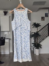 Tory Burch Blue White Leaf Print Sleeveless Ruffle Midi Cotton Dress XS Luxury 