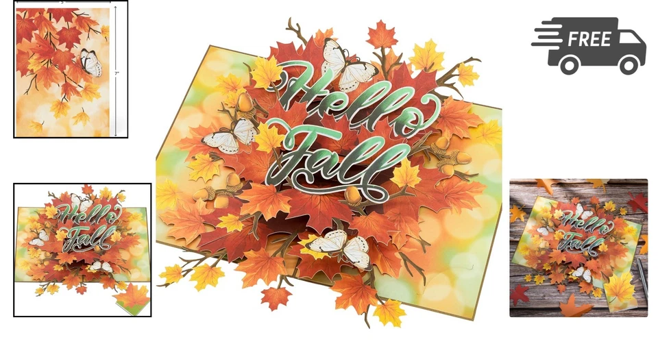 Tarjeta emergente de otoño 3D hojas de arce mariposas florales tarjeta de felicitación Foto 2 de 4