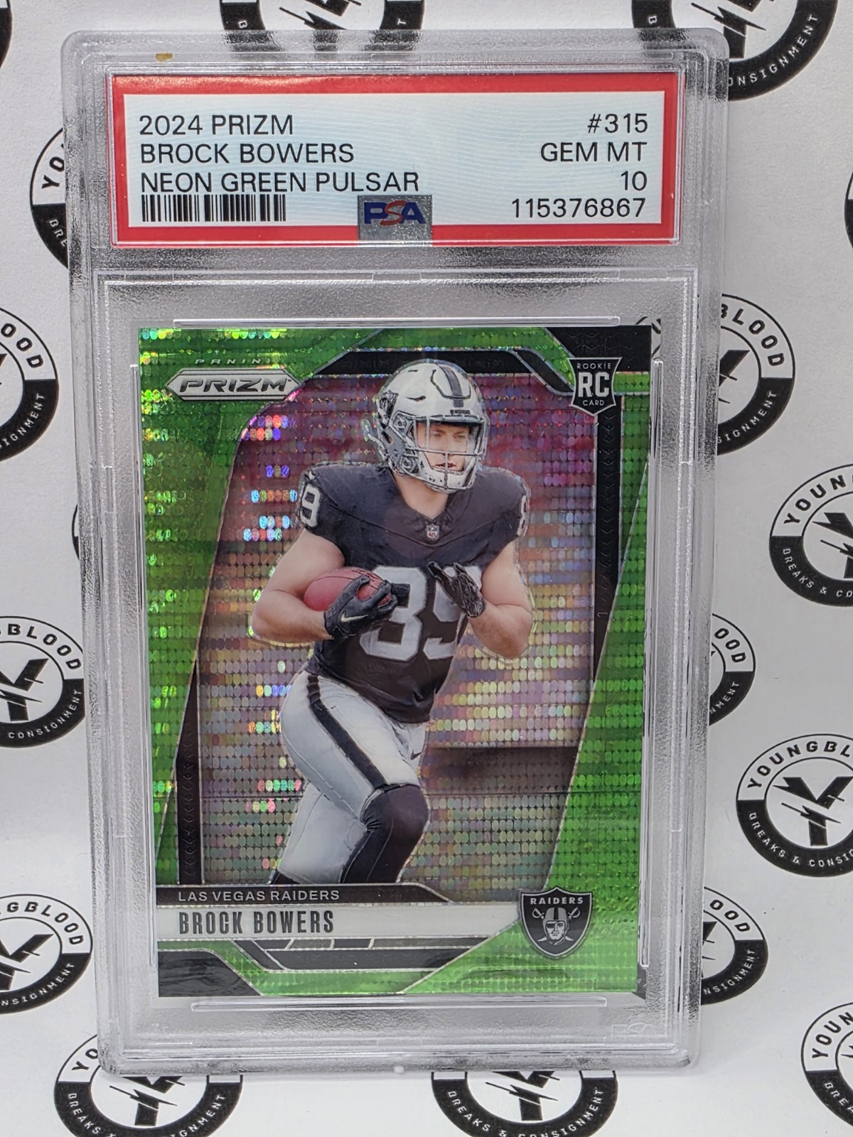 Brock Bowers 2024 Prizm Neon Green Pulsar #315 PSA 10