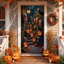 Halloween Giant Spider Door Banner Pumpkin Web Backdrop Front Door Decor Plaque