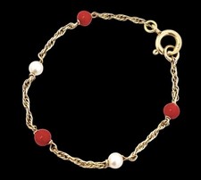 Smaller Size / Child’s Vintage 9ct Gold, Coral & Pearl Bracelet
