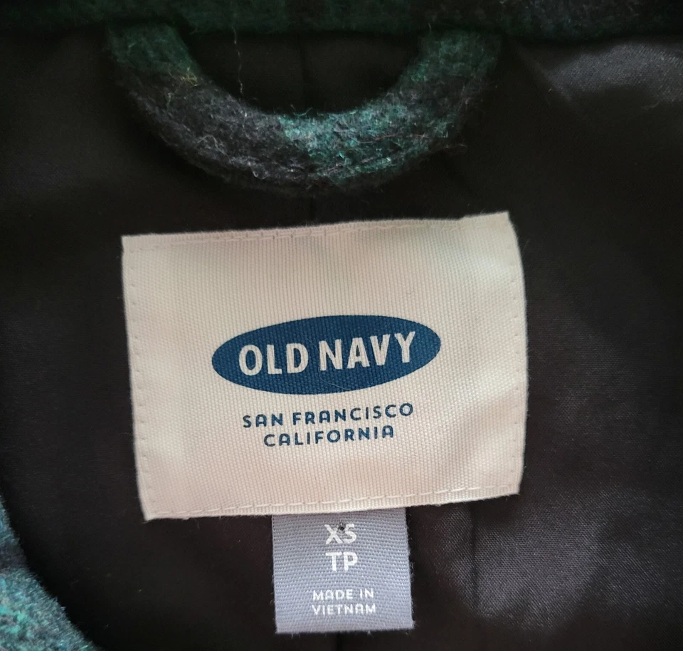 Chaquetón de lana para mujer Old Navy XS verde negro a cuadros longitud media bolsillos clásicos Foto 3 de 4