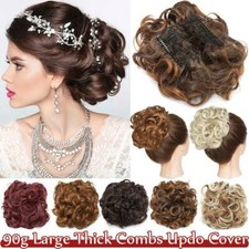 100 Real Natural Clip on in Messy Bun Hair Piece Extension Comb Updos Cover US