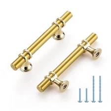 Brushed Brass Cabinet Handles 3 Inch Hole Center Modern T-Bar Drawer Pulls De...