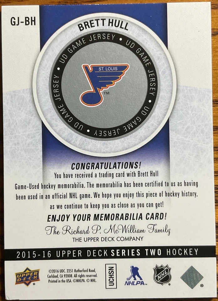 2015-16 Upper Deck UD Game Jersey Brett Hull #GJ-BH St. Louis Blues - Image 2 of 3