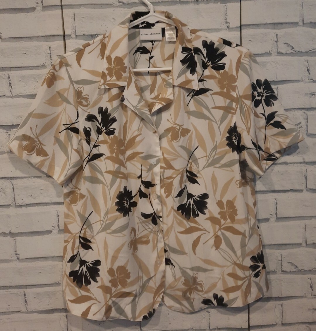 Alfred Dunner Women's Size 12 Button Front Blouse Black Tan Gray