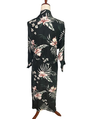Vtg Tommy Bahama Black & Pink Tropical Floral 100% Silk Tie Robe Pockets Small - Picture 5 of 9