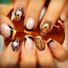 Halloween Medium Fake Nails Square Press on Nails Black Spider Web Glue style17