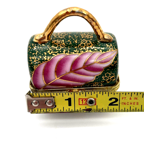 Vtg Trinket Box Purse My Treasure Porcelain 22k Gold Trim Green/Pink Leaf - Picture 7 of 8