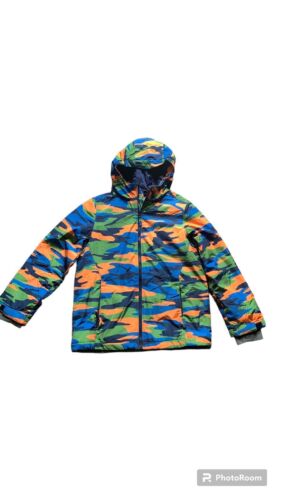 LANDS END grande veste isolée garçon à capuche 10/12 bleu, camouflage orange neuve avec étiquettes - Photo 1/9
