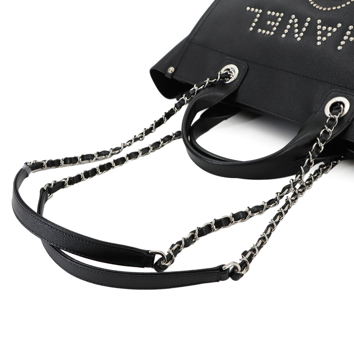 ヴィンテージ品★CHANEL Deauville ショルダーバッグ CHANEL Deauville Chain Tote Bag Studs Caviar Skin Leather