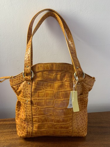 Italy Michael Rome Croc Embossed Leather Large Shoulder Bag Purse Honey - Orange - Picture 5 of 12