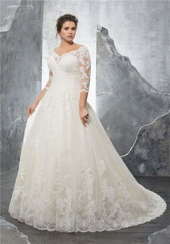 Plus Size Wedding Dresses Off Shoulder Half Sleeves A-line Lace Applique Gowns - Picture 2 of 10