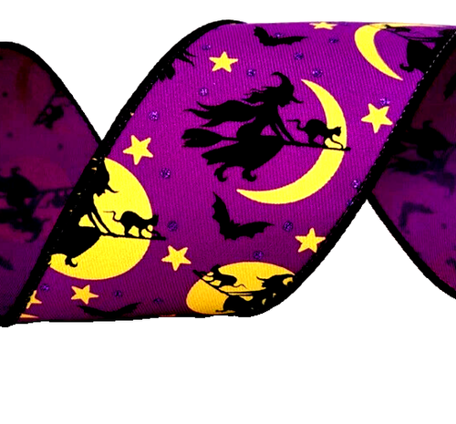 Witch Over the Moon 2.5" by 2 ,yds Purple Wired Ribbon Witch Bats Halloween NEW - Picture 4 of 4