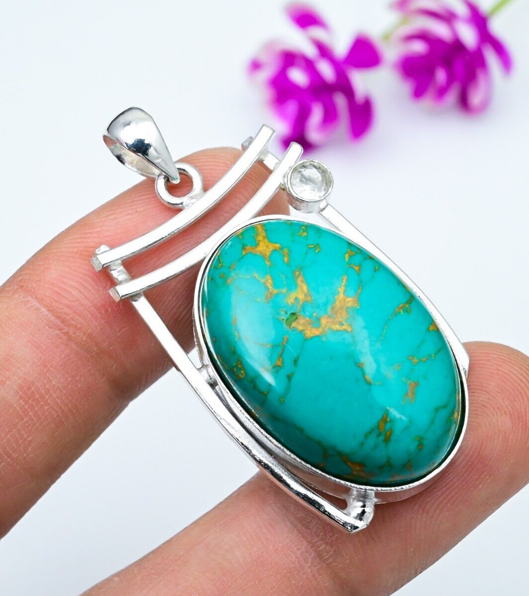 Copper Turquoise and White Topaz Sterling Silver Pendant Gift