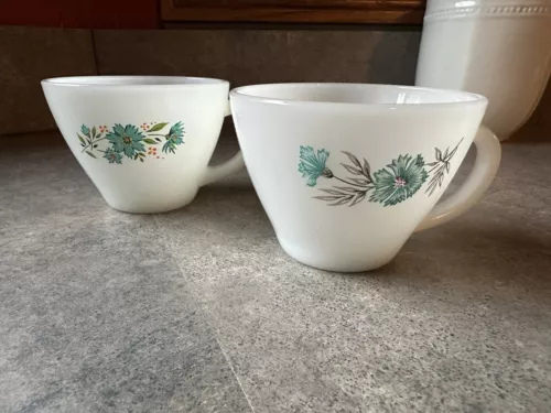Anchor Hocking Fire King Bonnie Blue Flower Milk Glass 6 oz Coffee Mugs Set of 2