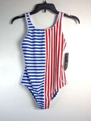 SPEEDO Swimsuit Kid Girls Size 12 One Piece Stripe Chlorine Resistant Summer NEW