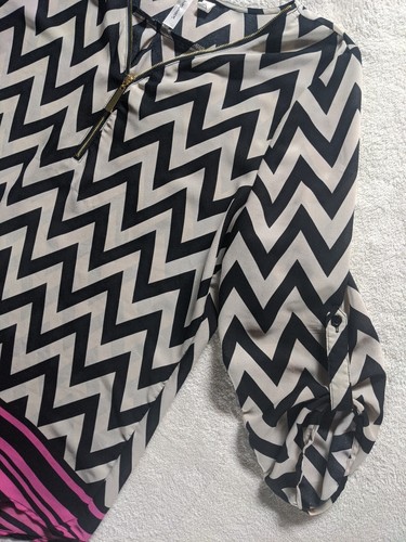 Tacera Tunic Top Blouse Shirt Women L Black White Fuchsia Chevron Print Zipper - Picture 4 of 12