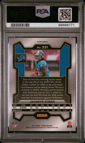 2023 Prizm Jahmyr Gibbs Silver Prizm (RC) #331 PSA 10 LIONS - Imagen 2 de 2