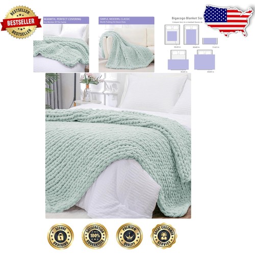 Soft Jumbo Chunky Knit Throw Blanket 40x80 - Hand Knitted Chenille in Mint