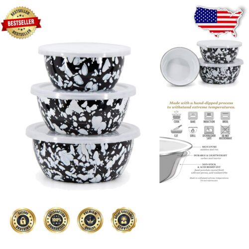 Stylish Porcelain Enamel Nesting Bowls - 3 Piece Set in Black Swirl Design