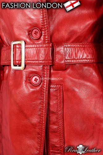 VENICE Ladies Red Leather TRENCH COAT Belted Stylish Long Jacket Classic Coat - Picture 9 of 12
