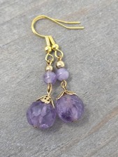 Faceted Purple Amethyst Dangle Drop Earrings Gold Tone Accents 925 Ear Wires