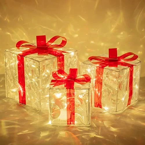 Juego de 3 Cajas de Regalo Navidad 60 Iluminadas LED, Transparente Blanco Cálido Iluminado Foto 2 de 4