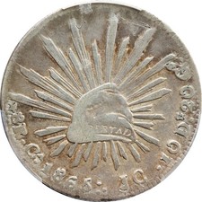 Mexico 8 Reales Ca 1865 J.C. Chihuahua, PCGS VF Details, Graffiti. KM# 377.2