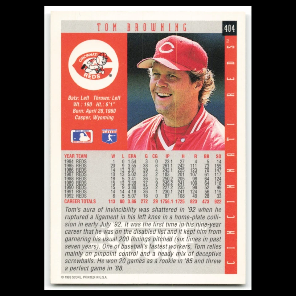 Tom Browning #404 1993 Score Cincinnati Reds Baseball Card MLB NM - Image 2 of 3