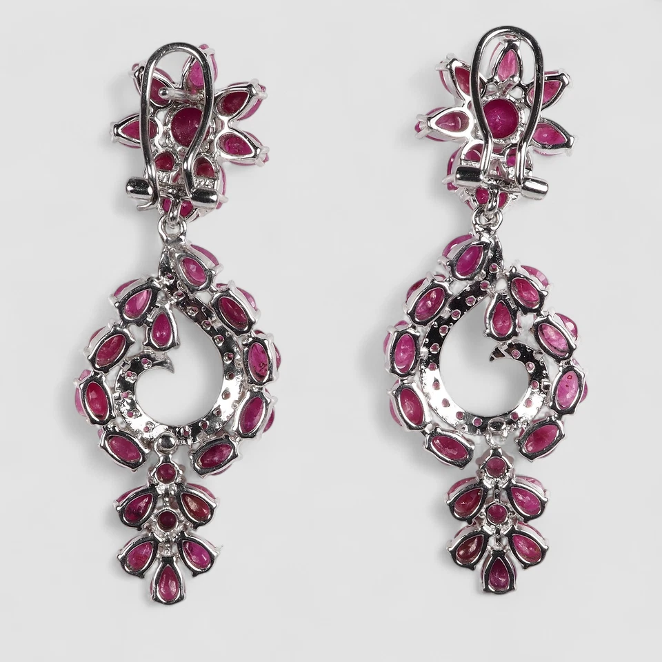 DAZZLING PINKISH RED RUBY 925 STERLING SILVER WHITE GOLD PLATED FLORAL EARRINGS - Image 4 of 4