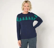 Denim & Co. Women's Top Sweater Sz M Adaptive Embellished Tree Crew Blue A674466