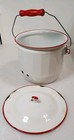 VINTAGE ANTIQUE ENAMEL CHAMBER POT WHITE WITH RED TRIM HAS LID AND WOOD HANDLE — photo 6
