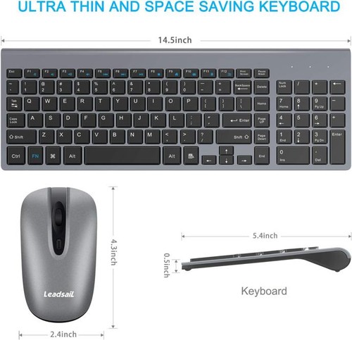 Combo de teclado y mouse inalámbricos LeadsaiL, teclas silenciosas, gris - Imagen 2 de 5