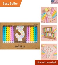 Number 3 Birthday Candle Macaron Glitter Number Candle with Rainbow Spiral Ca...