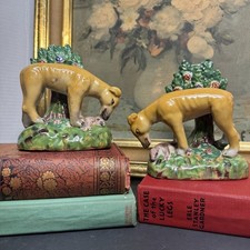 Pair Antique English Staffordshire Hunting Dogs Game Hunt Rabbit Mantle Dog 5”