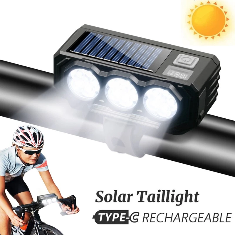 Solar Front Lights Bike Headlight, USB Rechargeable with Horn for Night Riding