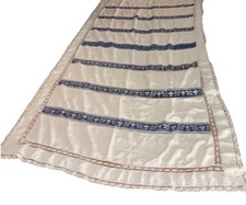 Vintage woven linen Table Cloth Stitched Crocheted blue intricate design 56” W