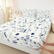 Coastal Beach Fitted Full Size,Surfboard Sailboat Palm Tree Bedding Set 3Pcs ...