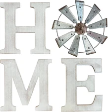 Farmhouse Wall Decor – Home Letters Sign with Rustic Metal Windmill & White Wood