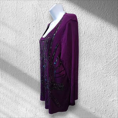 Coldwater Creek Sz L Pullover 3/4 Sleeve Blouse, Maroon, Beaded. NS-28 - Picture 4 of 9